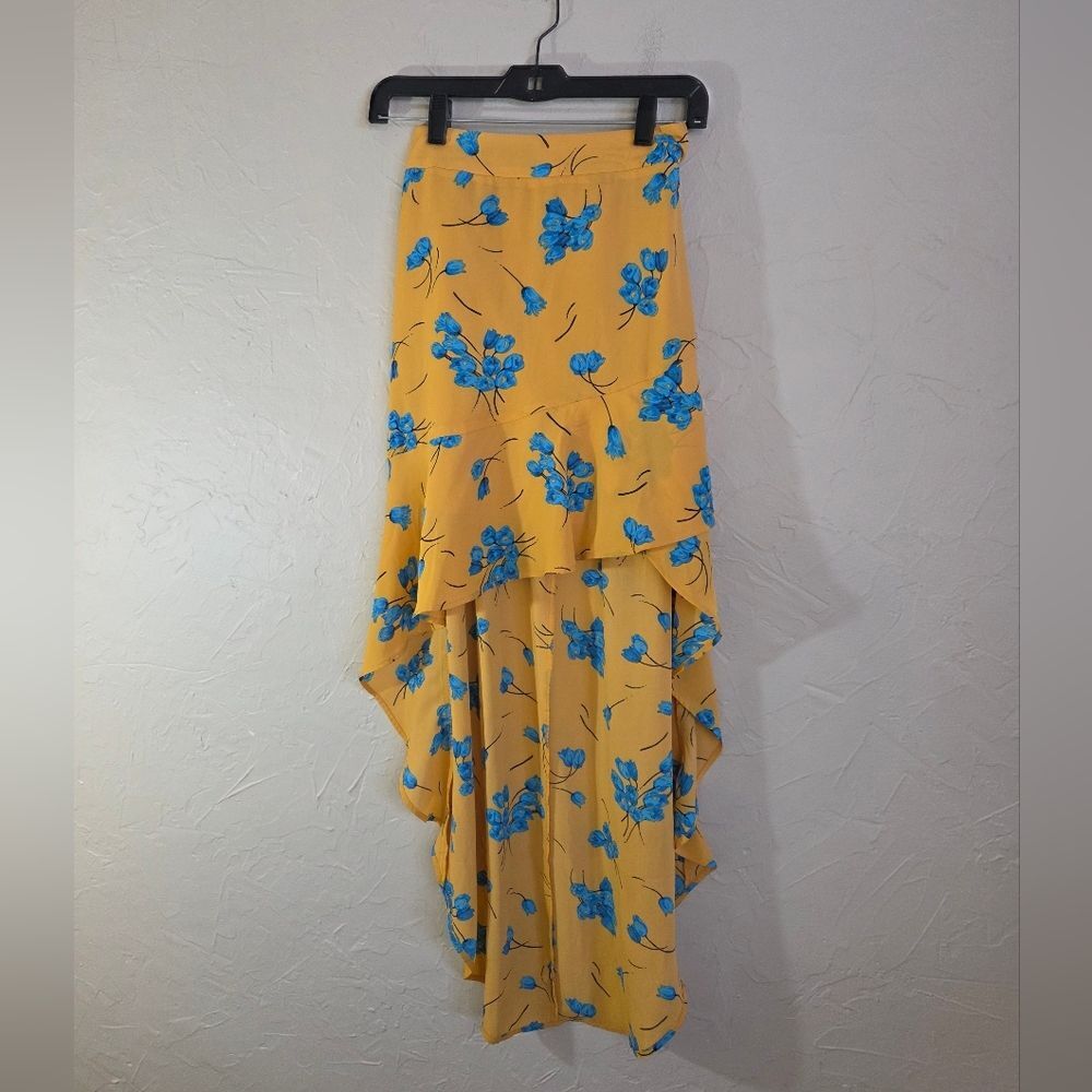 Free Press Yellow Floral High-Low Skirt Size S Layered Ruffle Hem Boho Festival